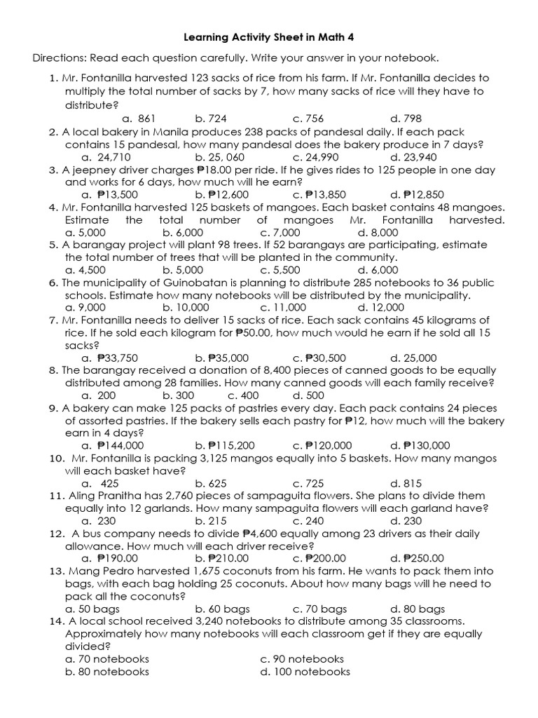 Learning Activity Sheet in Math 4 | PDF