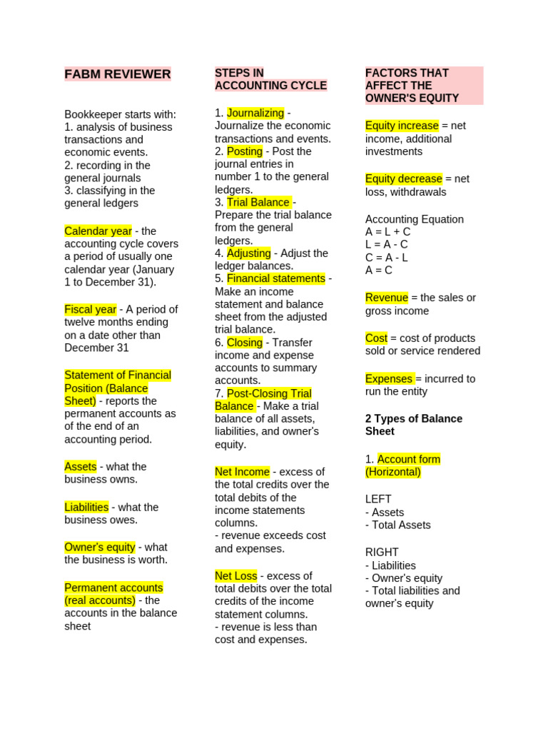 FABM REVIEWER final | PDF | Debits And Credits | Equity (Finance)
