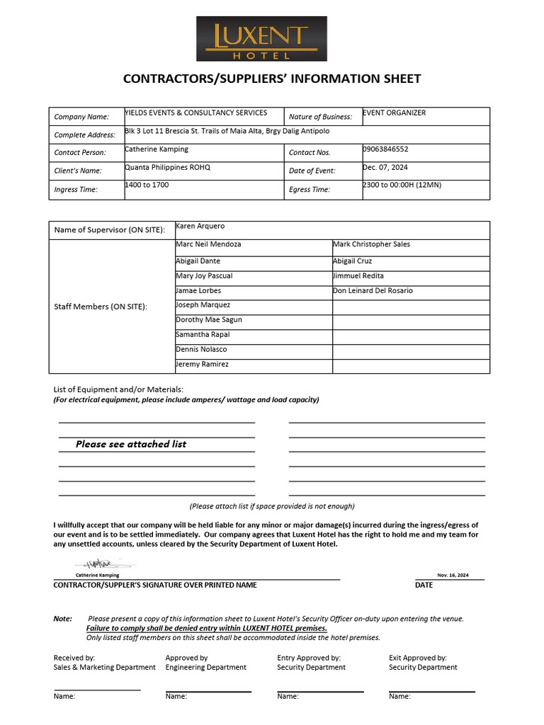 Contractors Suppliers Info Sheet - YieldsEvents - QuantaDec07 | PDF