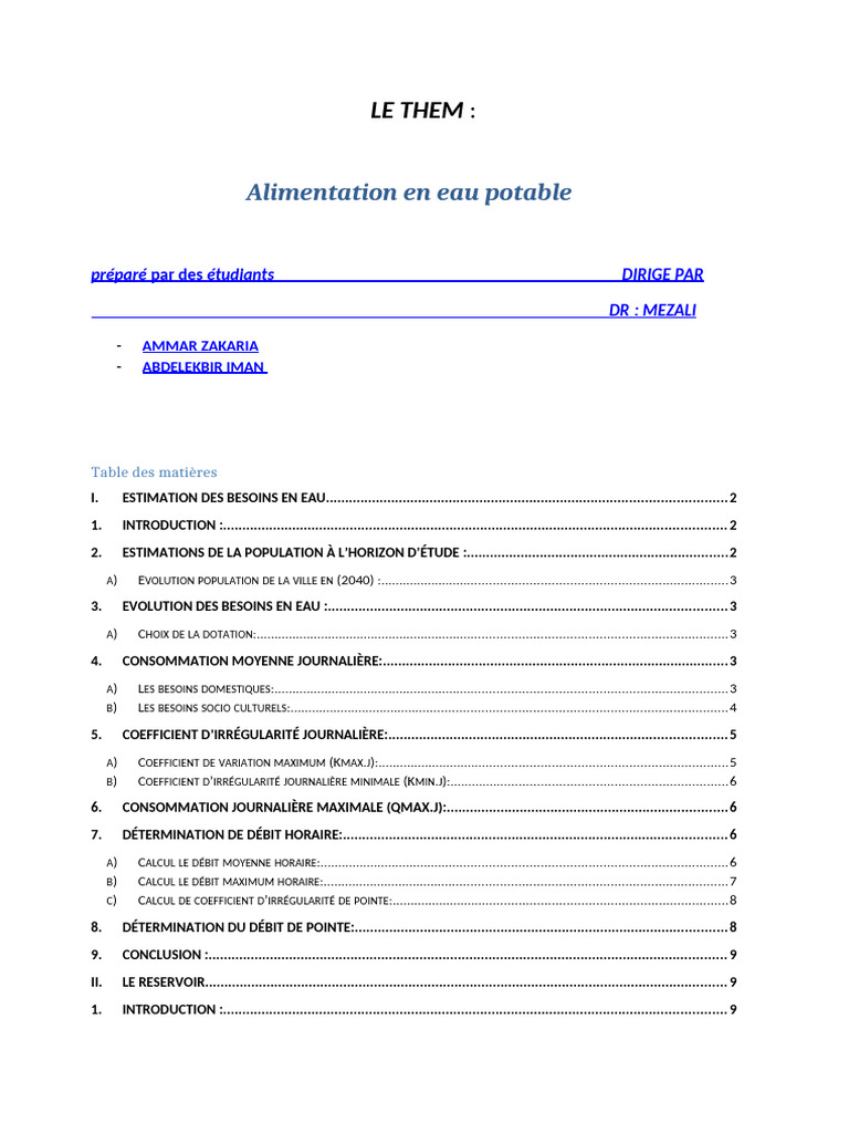 Alimentation en eau potable : étude et calculs | PDF | Lac de barrage ...