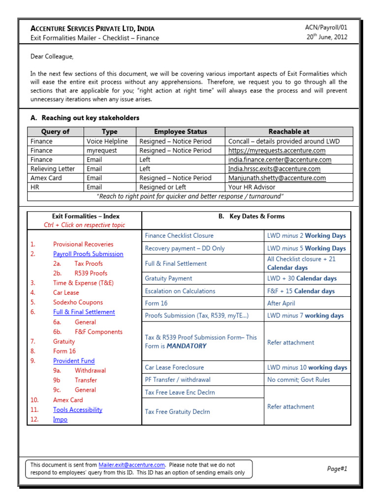 Accenture Exit Formalities Finance Checklist | PDF | Payroll Tax | Payroll