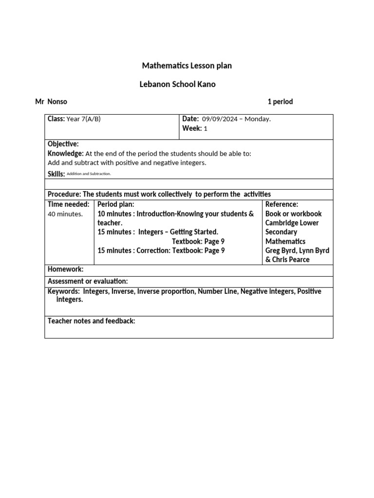 Year 7 Integers Lesson Plan | PDF | Integer | Multiplication