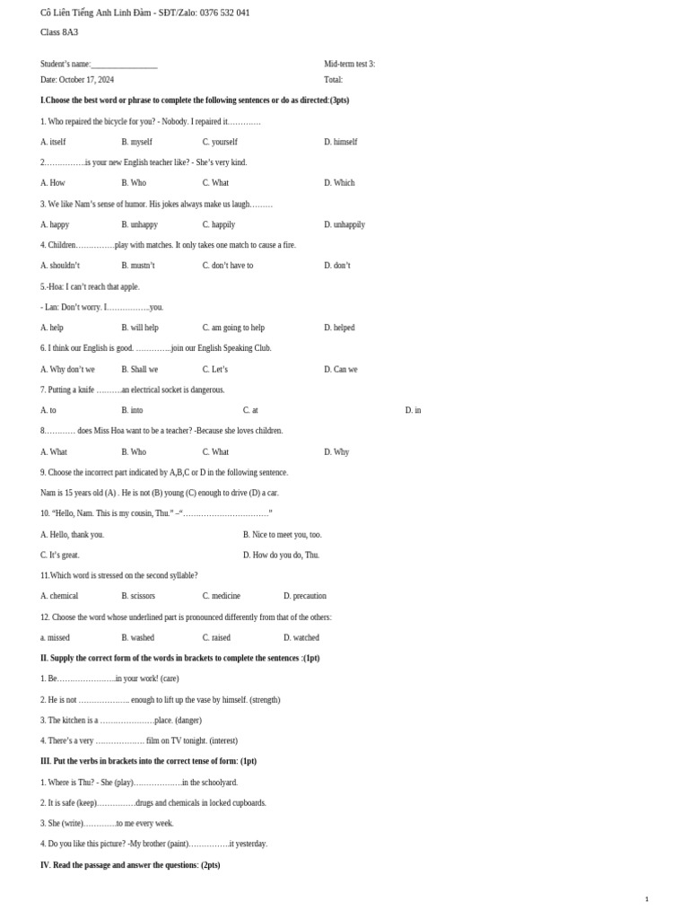 17.10 - Mid-Term Test 3 - 8A3 | PDF | Foods | Linguistics