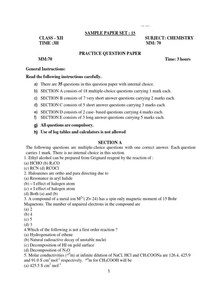Chemistry Sample Paper (Set - 15) | PDF | Chemistry | Organic Chemistry