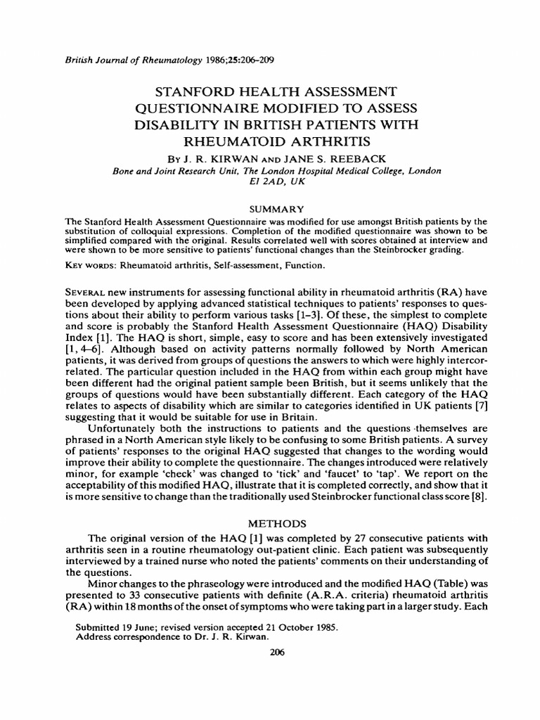 1986 BJRKirwan Stanford Health Assessment Questionnaire HAQ | PDF ...