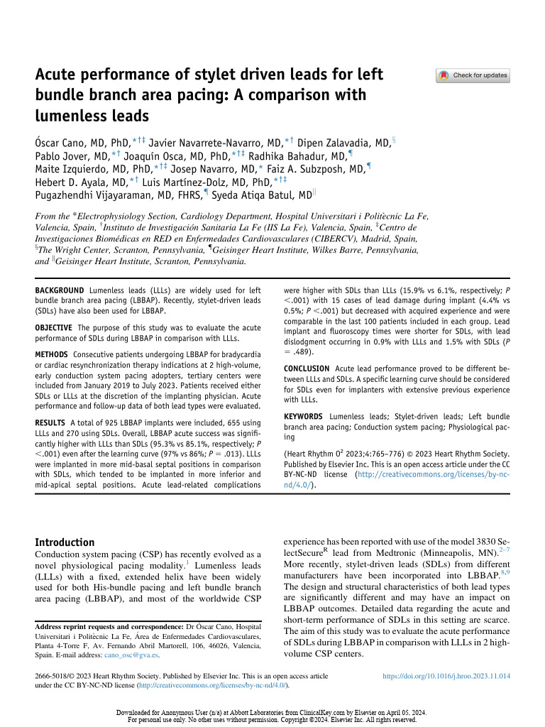 Acute Performance of Stylet Driven Leads For Left Bundle Branch Area ...