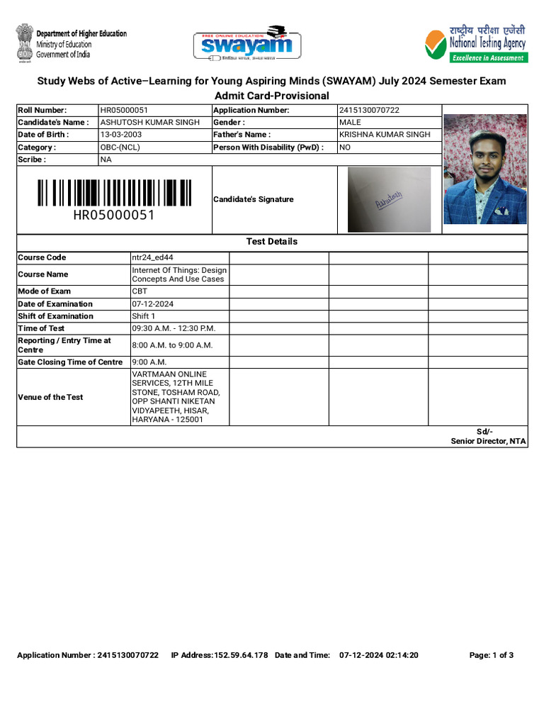 SWAYAM July 2024 Exam Admit Card | PDF | Identity Document