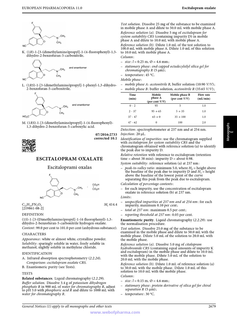 Escitalopram Oxalate Monograph | PDF | Chromatography | Solubility