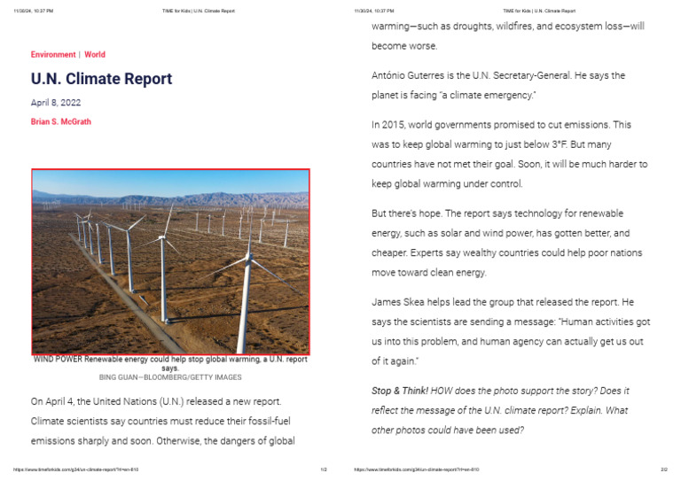 TIME For Kids - U.N. Climate Report | PDF | Climate Change | Environment
