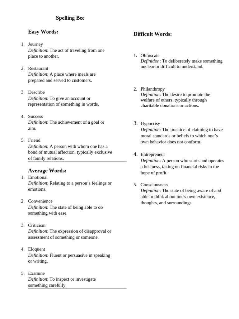 Spelling Bee Word List and Definitions | PDF