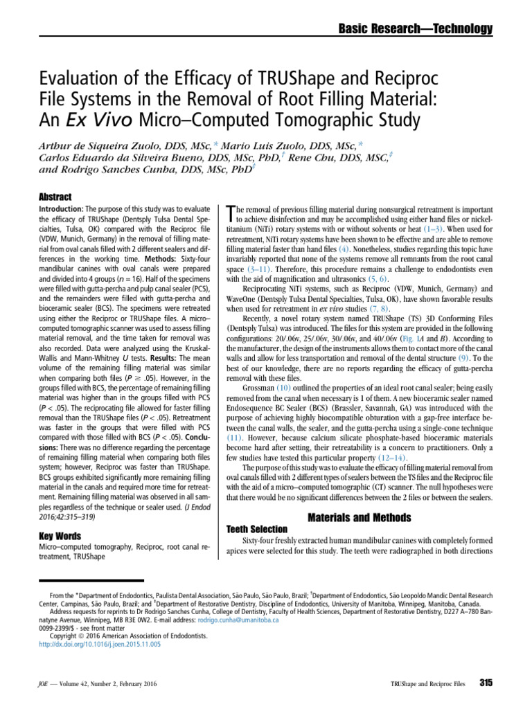 TRUShape vs. Reciproc in Root Canal Retreatment | PDF | Dentistry Branches