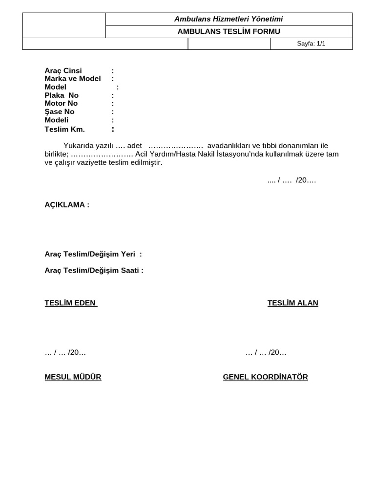 Ambulans Teslim Formu | PDF