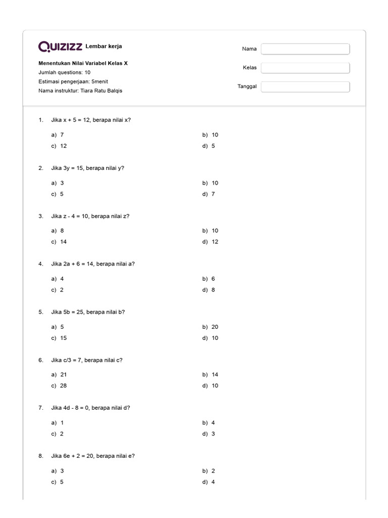 Soal Penentuan Nilai Variabel Kelas X | PDF