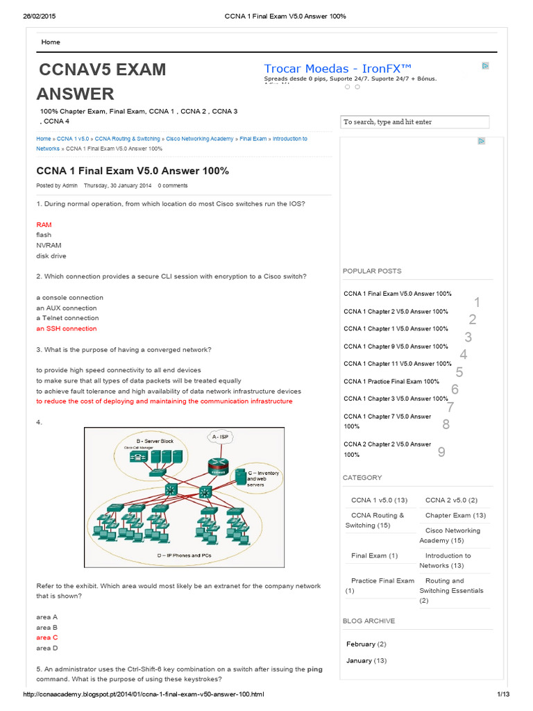 CCNA 1 Final Exam V5 | PDF | Computer Network | Ip Address