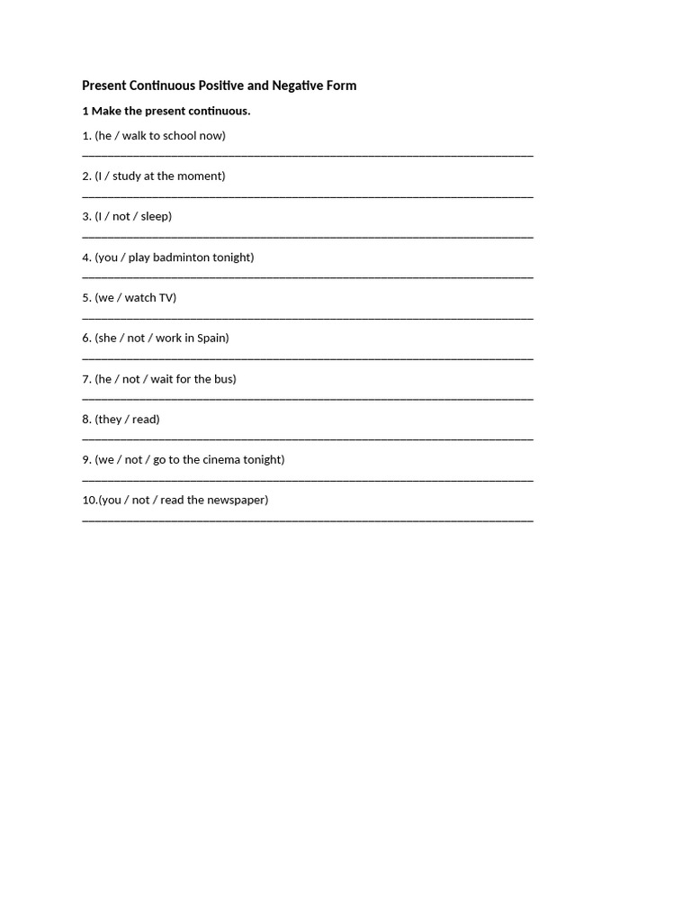 Present Continuous Positive and Negative Form | PDF