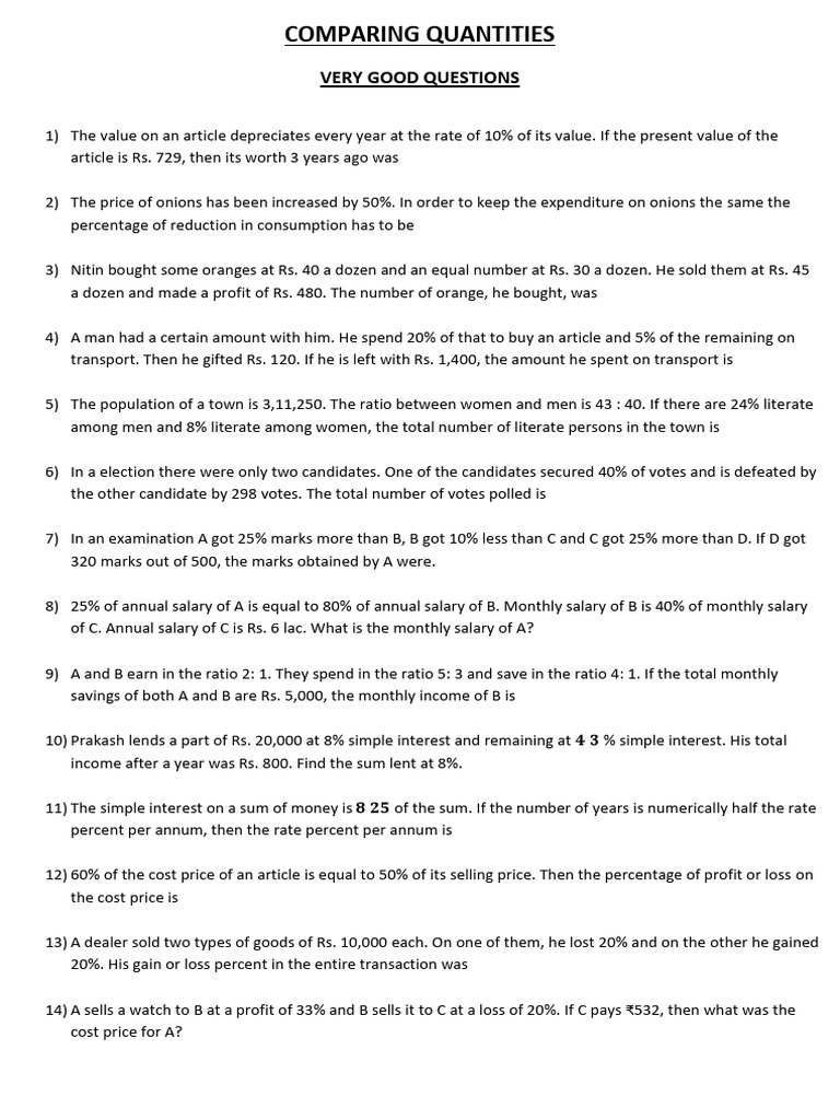Comparing Quantities (Very Good Questions) | PDF | Interest | Percentage