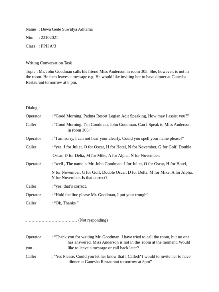 Coversation Task 1 I Gede Yogi Satriya Winata 23102031 PPH A | PDF