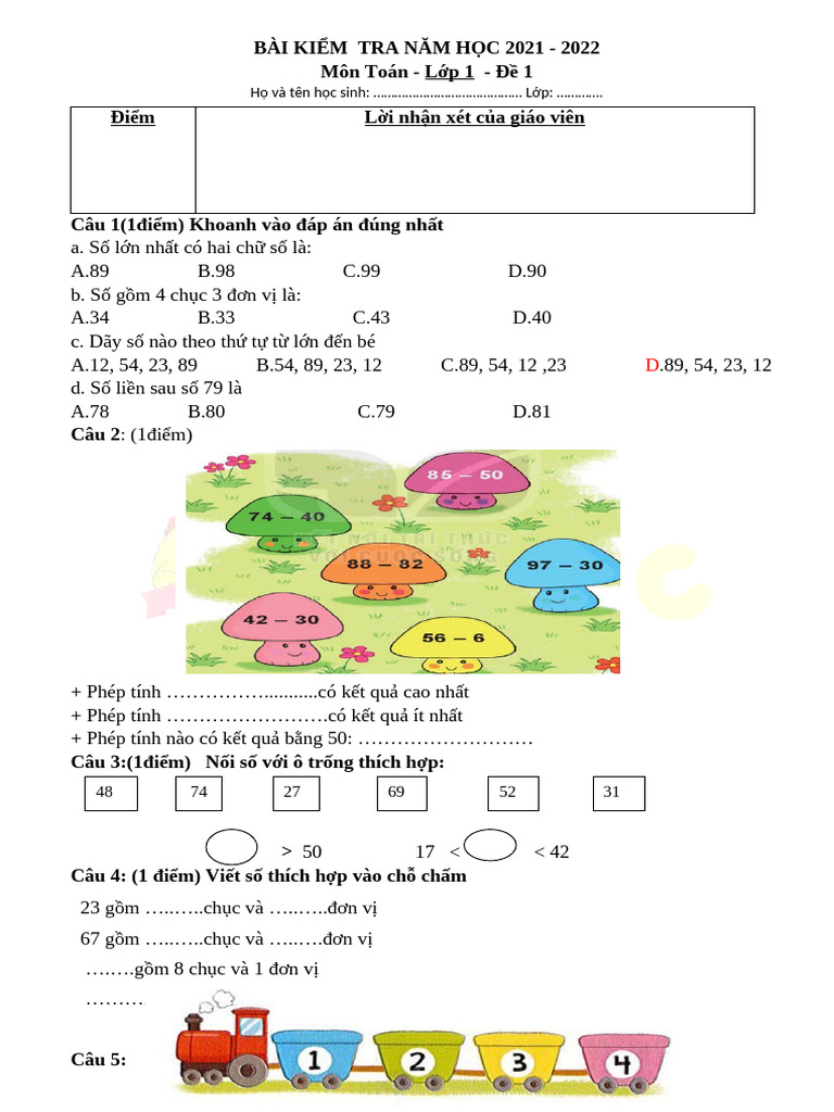 15 de Toan Cuoi HKI Lop 1 | PDF