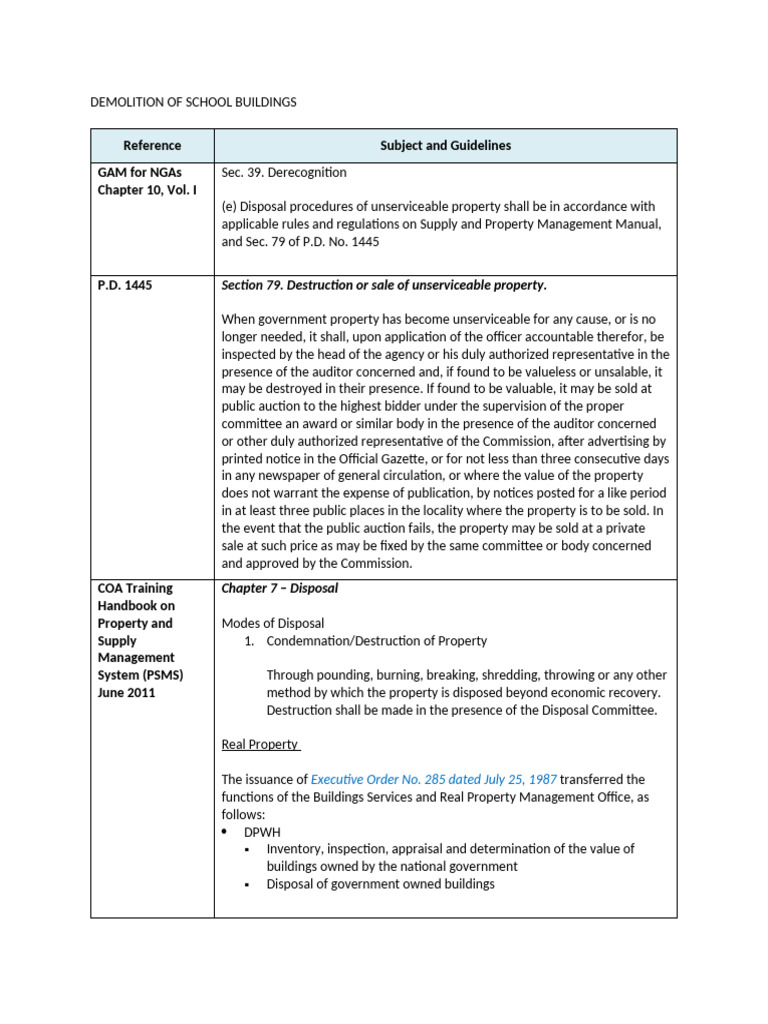 Guidelines for Demolition of School Buildings | PDF | Auction | Real ...
