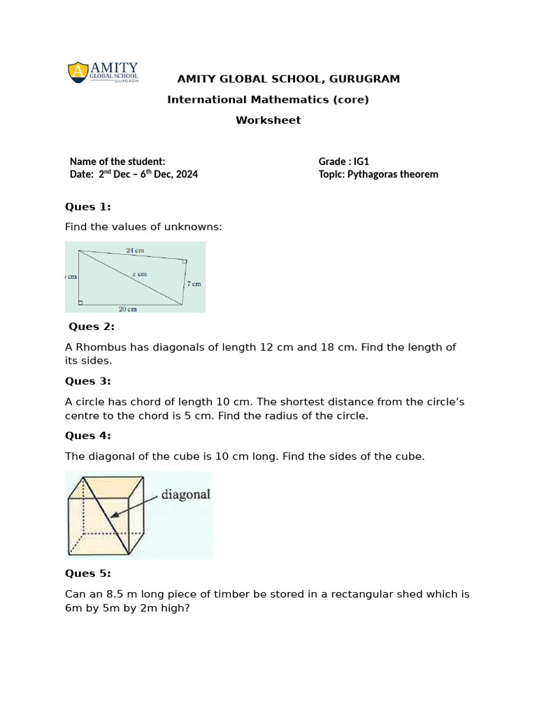 Pythagoras Theorem Worksheet for Grade 10 | PDF