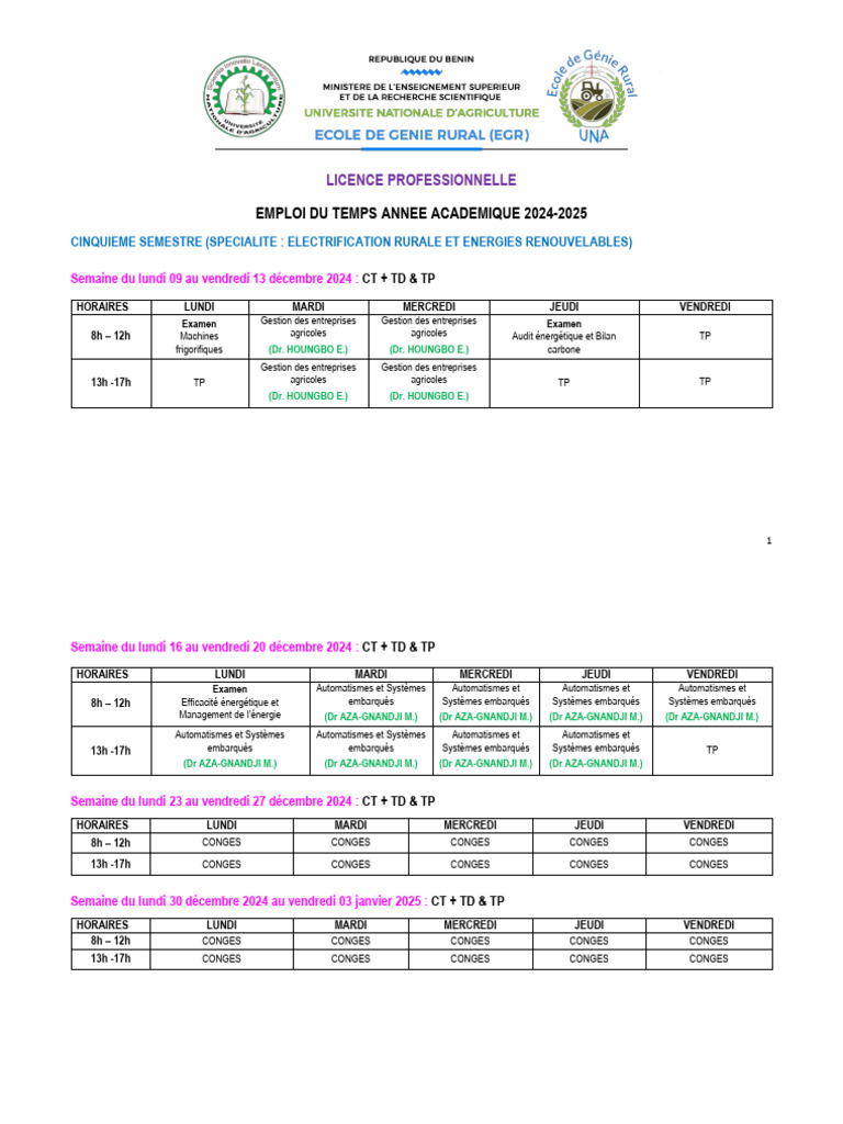 Emploi du temps 2ème semestre 2024-2025 | PDF
