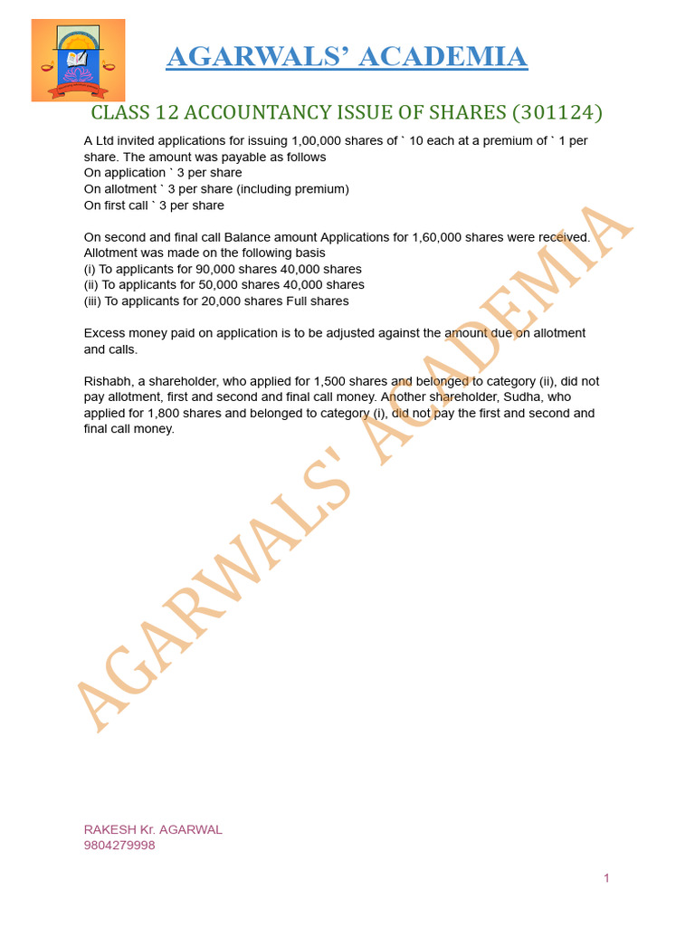 Class 12 Accountancy Issue Of Shares Classwork Pdf