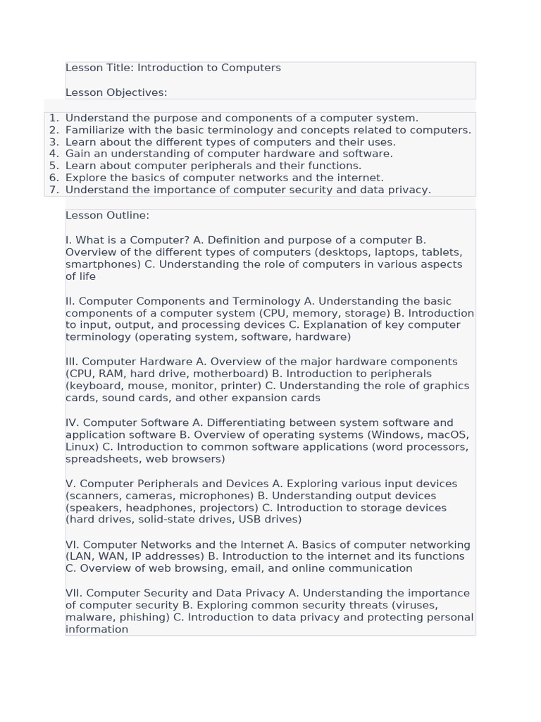 Lesson Intro To Computers | PDF | Computer Hardware | Computer Security