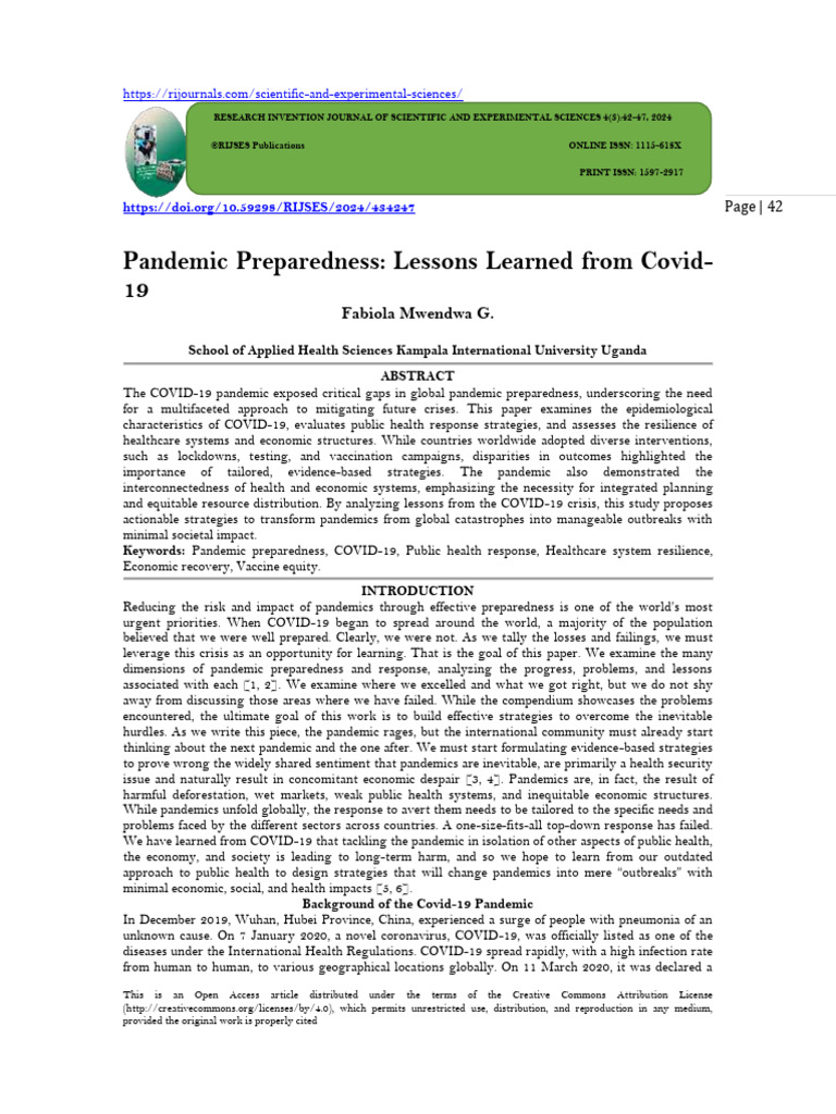 Pandemic Preparedness: Lessons Learned From Covid-19 (WWW - Kiu.ac - Ug ...