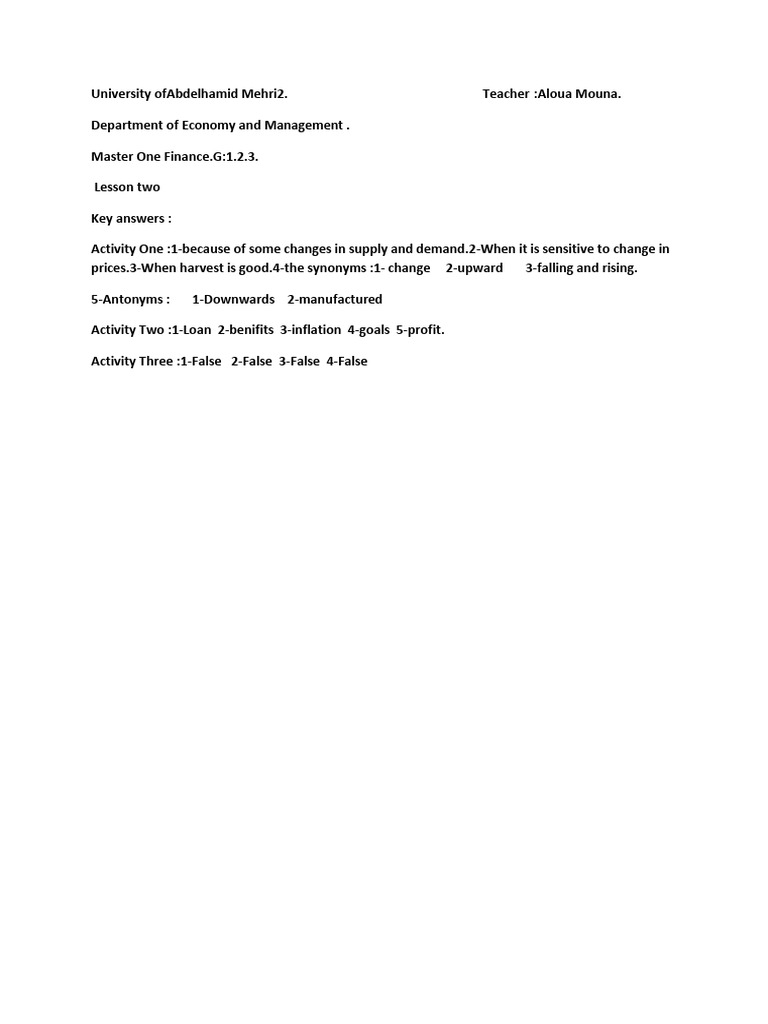 Master Finance Lesson 2 Key Answers | PDF