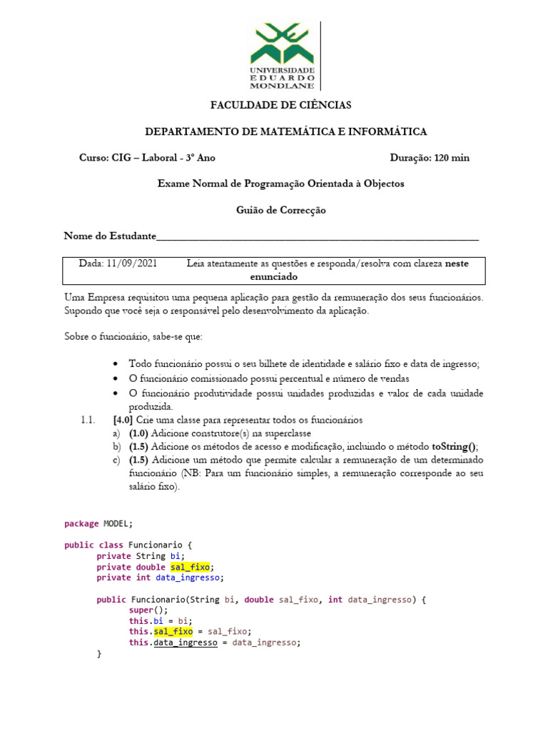 Exame de Programação Orientada a Objetos | PDF | Classe (programação de ...