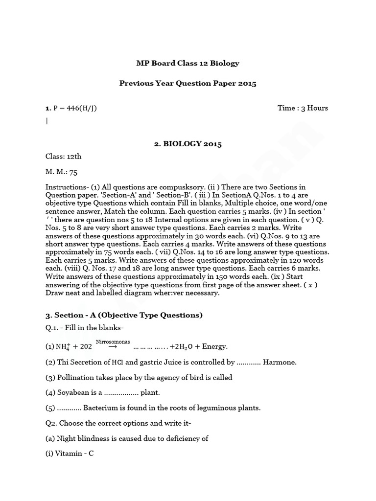 MP+Board+Class+12+Biology 2015 | PDF | Plants | Botany