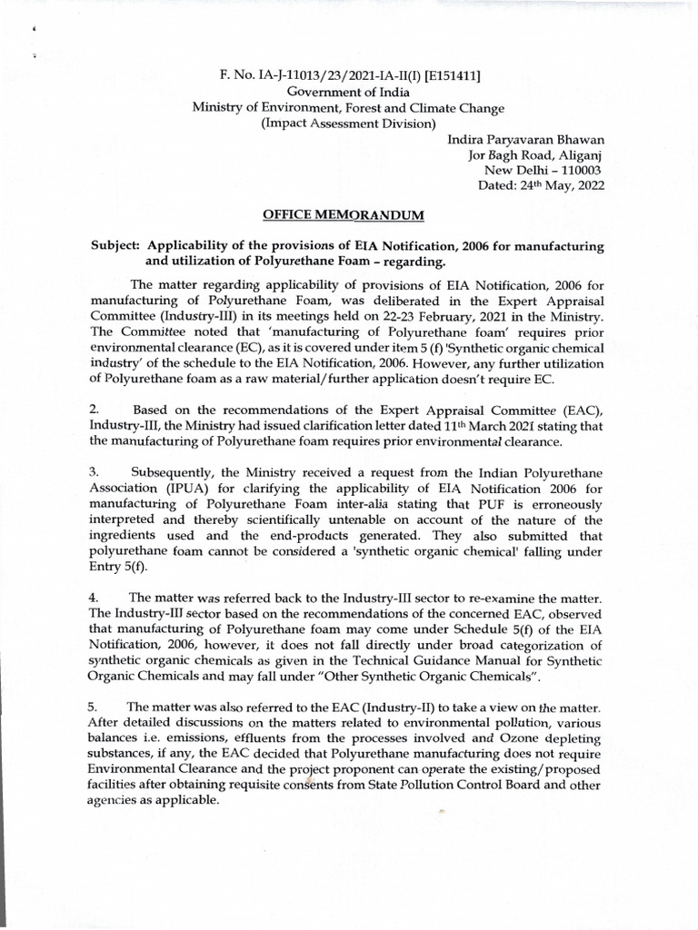 EIA Notification on Polyurethane Foam | PDF | Environmental Impact ...