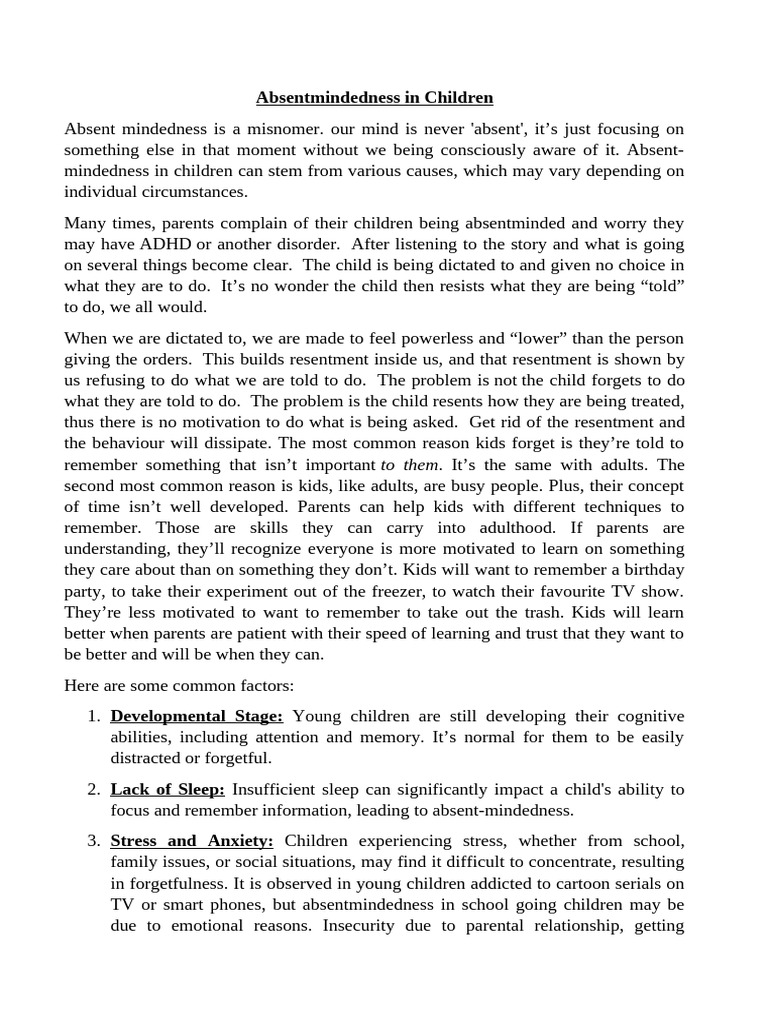 Absentmindedness in Children | PDF | Memory | Attention Deficit ...