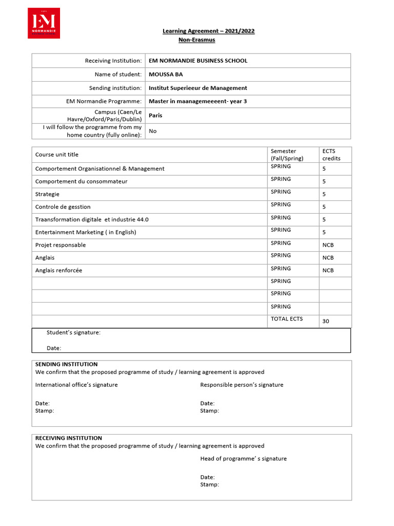 Learning Agreement Erasmus Pdf