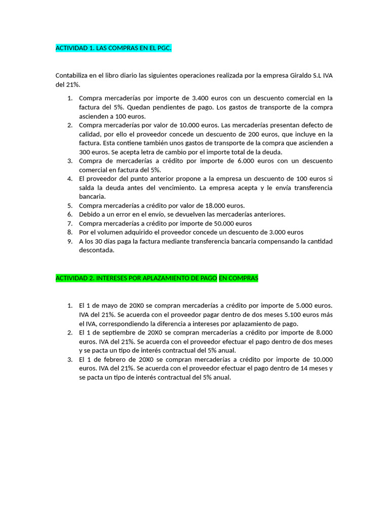 Ejercicios de Compras y Contabilidad | PDF