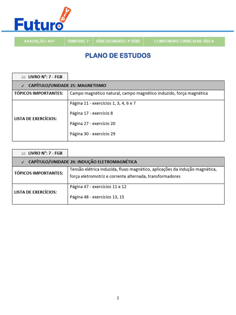 Plano de Estudos de Física: Magnetismo e Indução | PDF