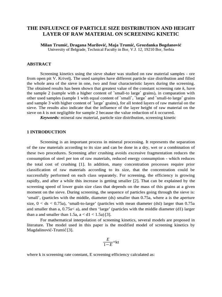 Screening Kinetics of Mineral Particles | PDF | Particle Size ...