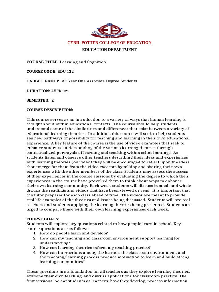 Learning And Cognition Course Overview Pdf Learning Learning
