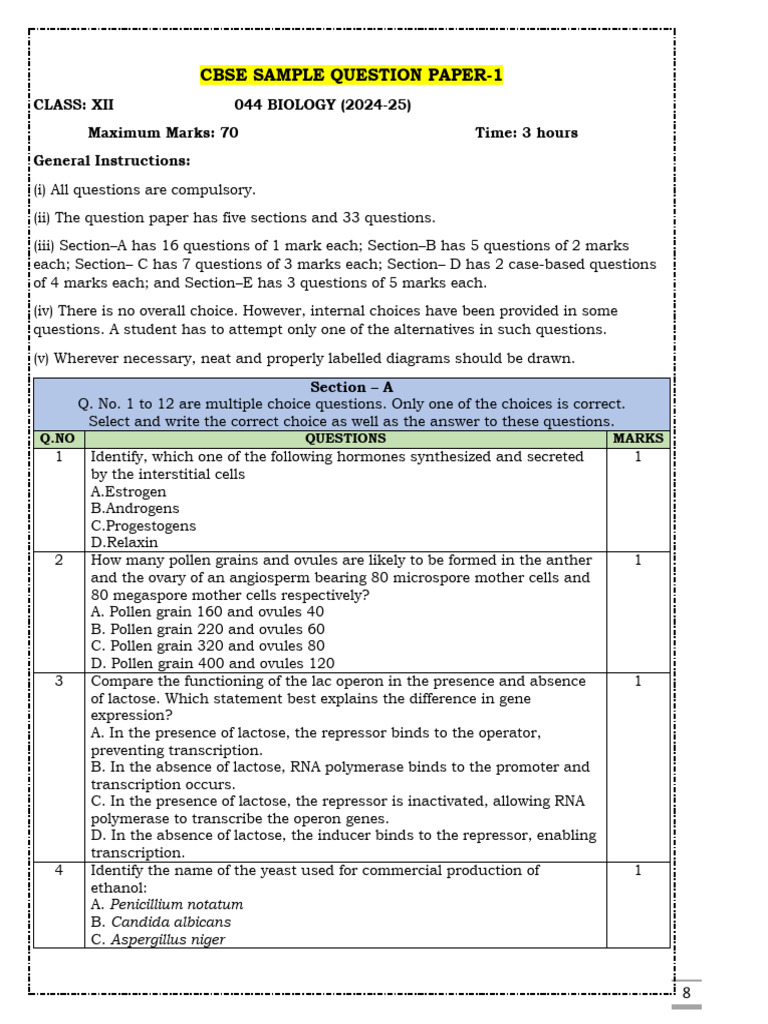 XII Biology Sample Papers | PDF | Operon | Repressor