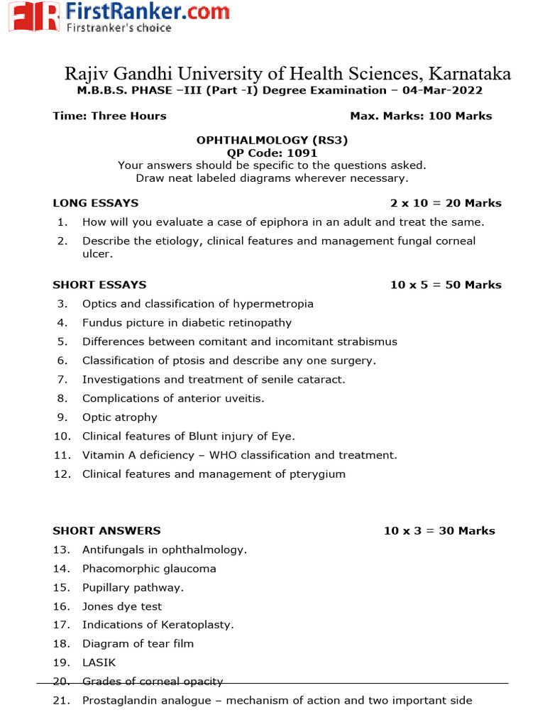 Ophthalmology Exam Paper - RGUHS 2022 | PDF | Glaucoma | Clinical Medicine