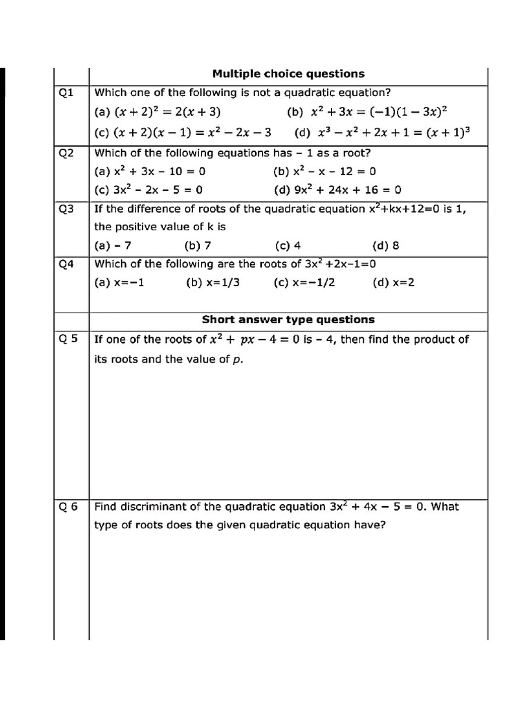 Quadratic Equation (Worksheet) | PDF