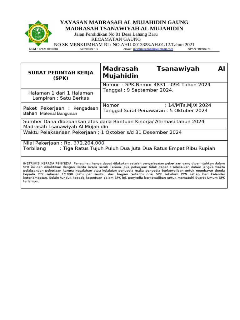 SPK Pengadaan Material Madrasah 2024 | PDF