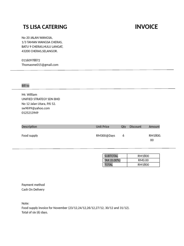 Lisa Catering Invoice for November | PDF