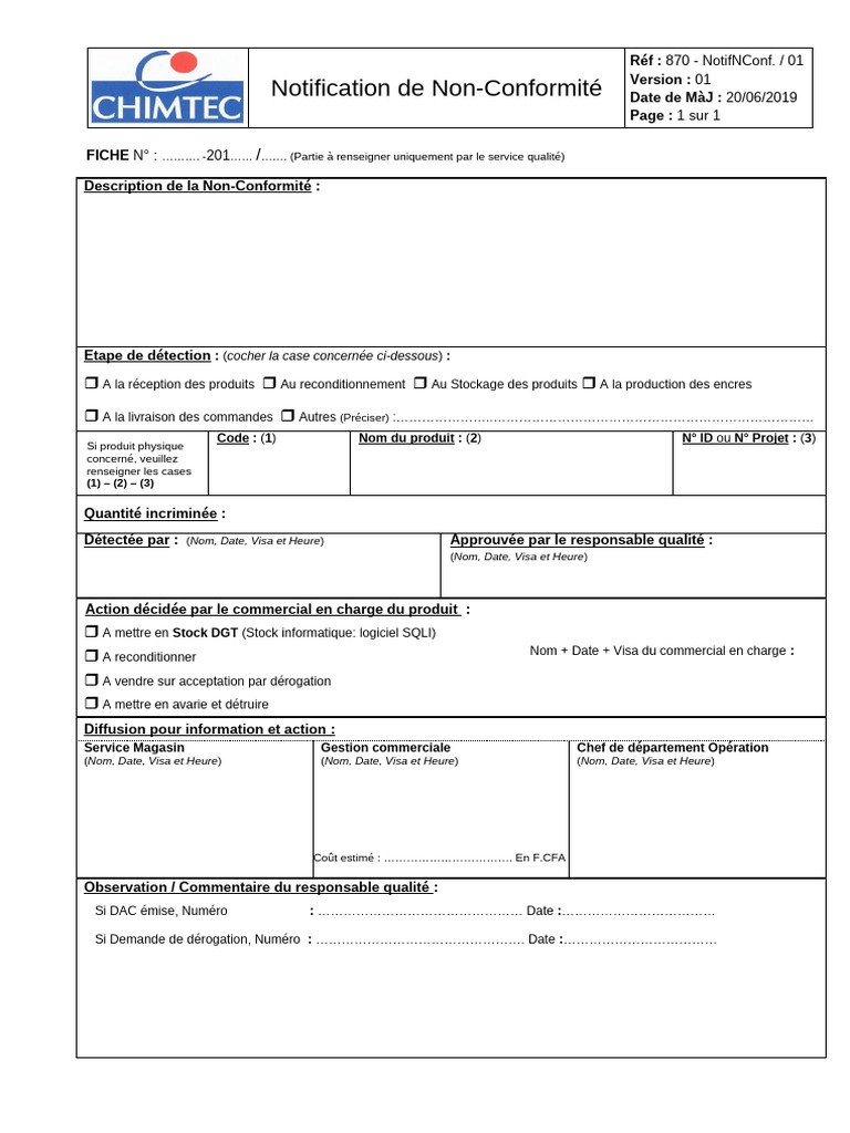 Notification de Non-Conformité Produit | PDF