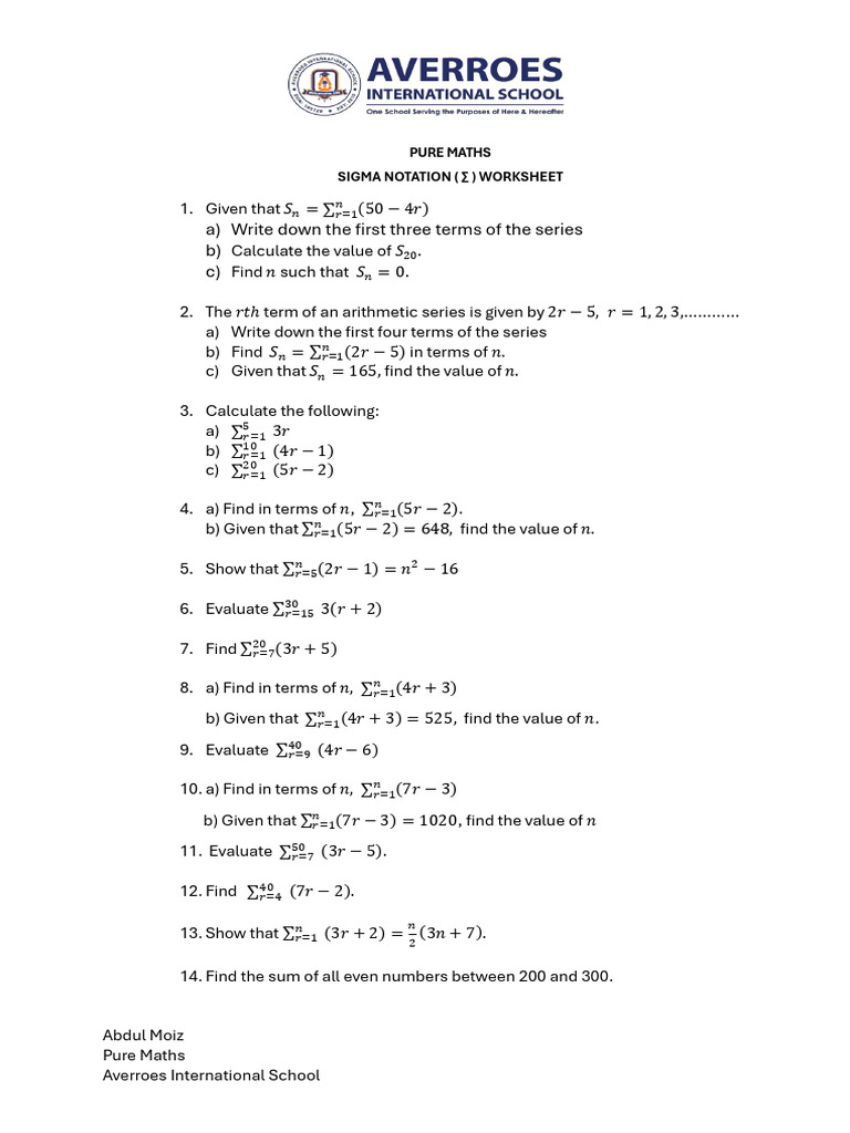 Sigma Notation Pure Maths Worksheet | PDF