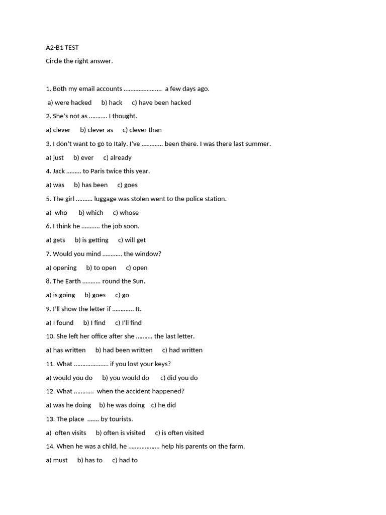 A2 B1 Test With Key Pdf