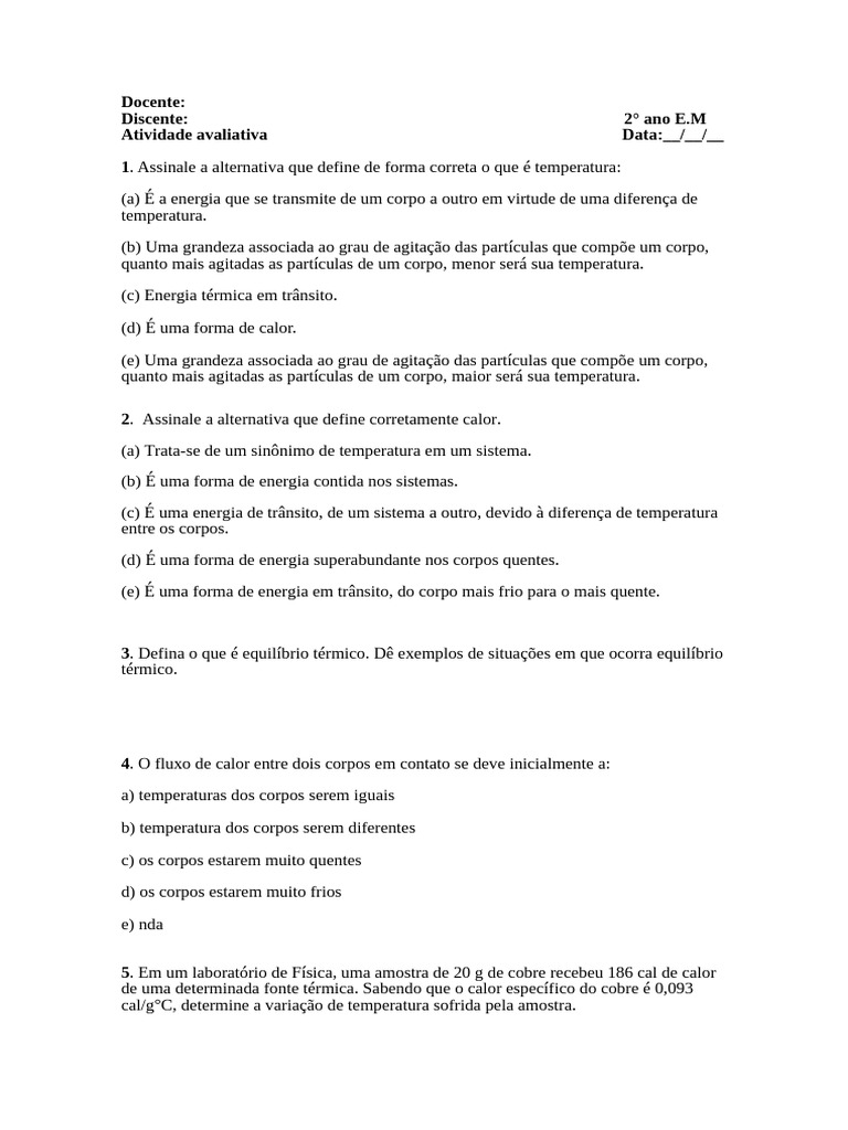 Questões sobre Calor e Temperatura | PDF | Temperatura | Calor