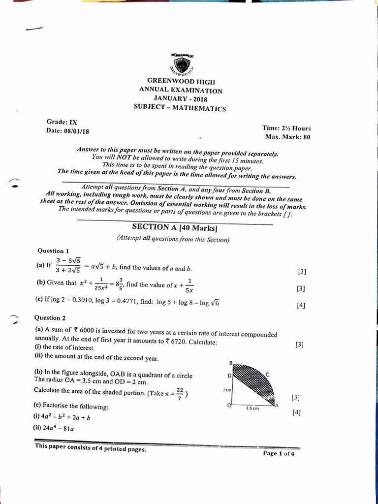 IX Maths Exam Paper - January 2018 | PDF | Elementary Geometry ...
