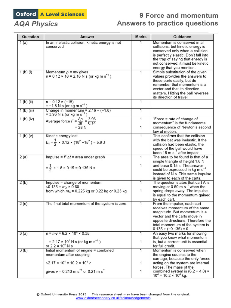 Force and Momentum Practice Answers | PDF | Momentum | Collision