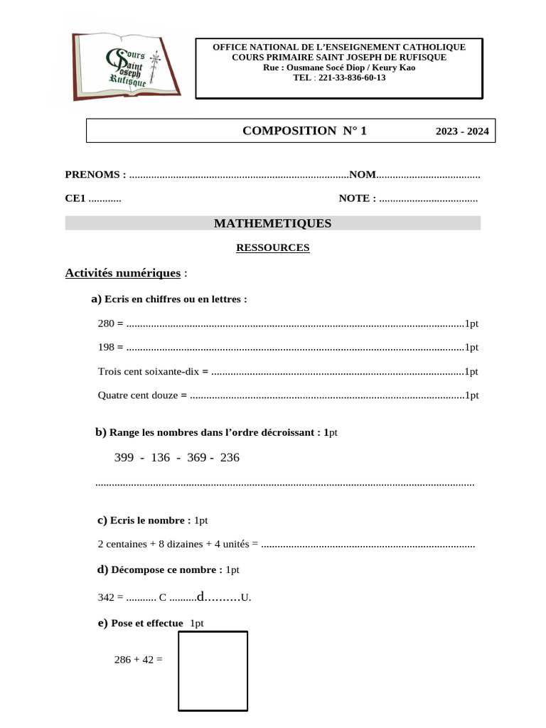 Composition Mathématique CE1 2023-2024 | PDF